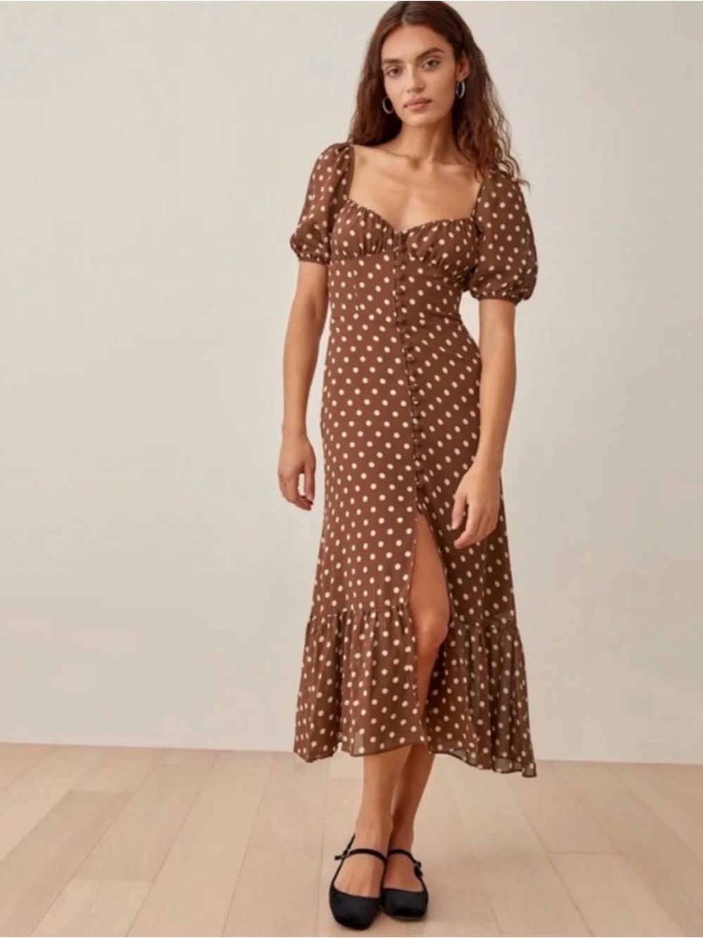 Reformation Charles Brown and White Polka Dot Midi Dress - Picture 2 of 10